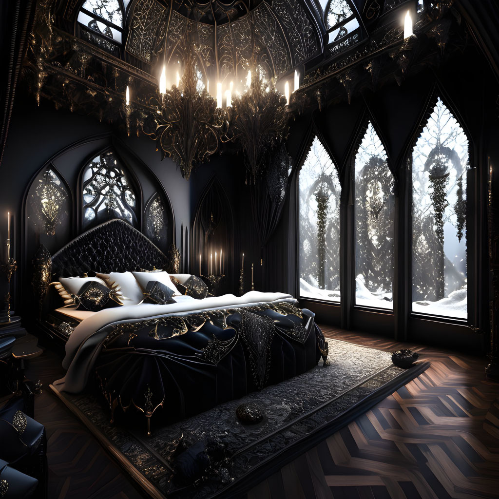 Opulent Gothic-style bedroom with large bed, black decor, hardwood floors, and snowy view