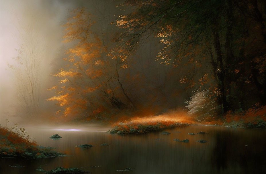 Tranquil autumn landscape with misty trees and golden leaves by a river