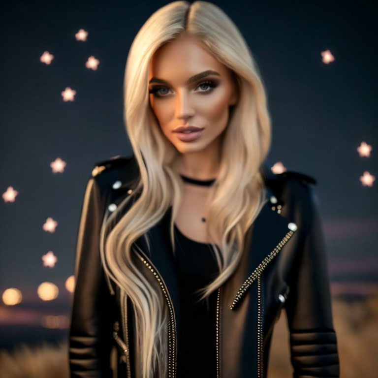 Blonde woman in black leather jacket with choker, blurred lights.