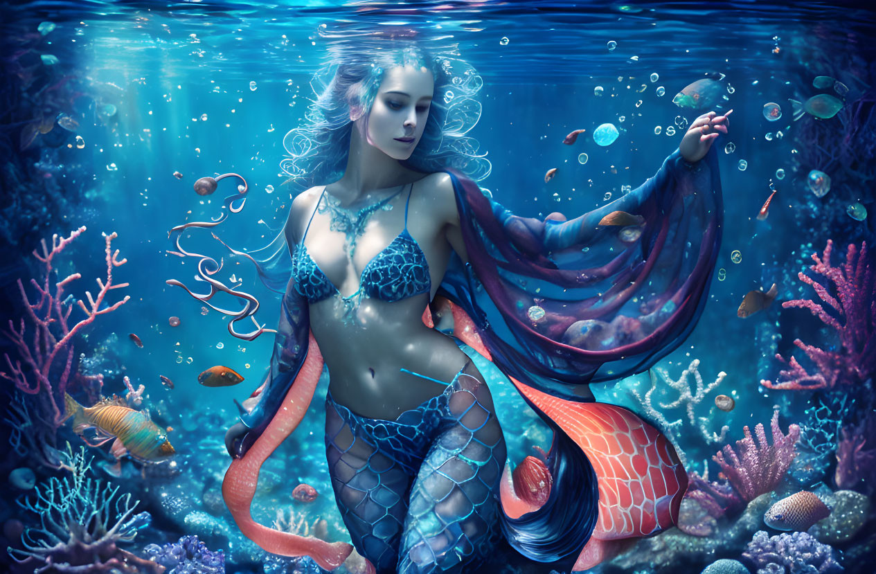 Graceful mermaid swimming among coral and fish in serene underwater scene