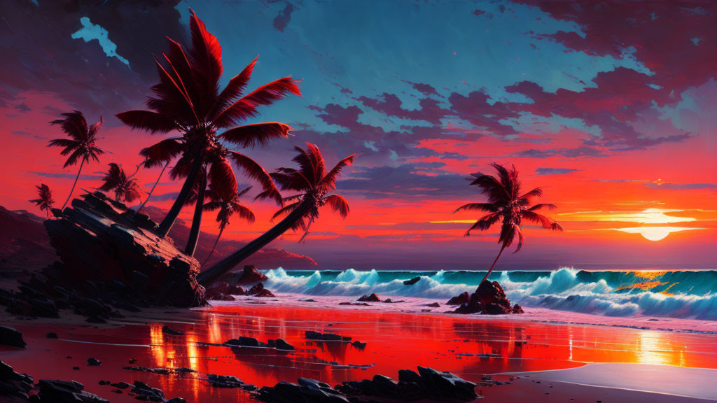 Vibrant sunset over beach with palm trees and crashing waves