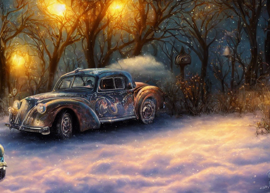 Vintage Car in Snowy Landscape with Bare Trees and Glowing Lights at Dusk