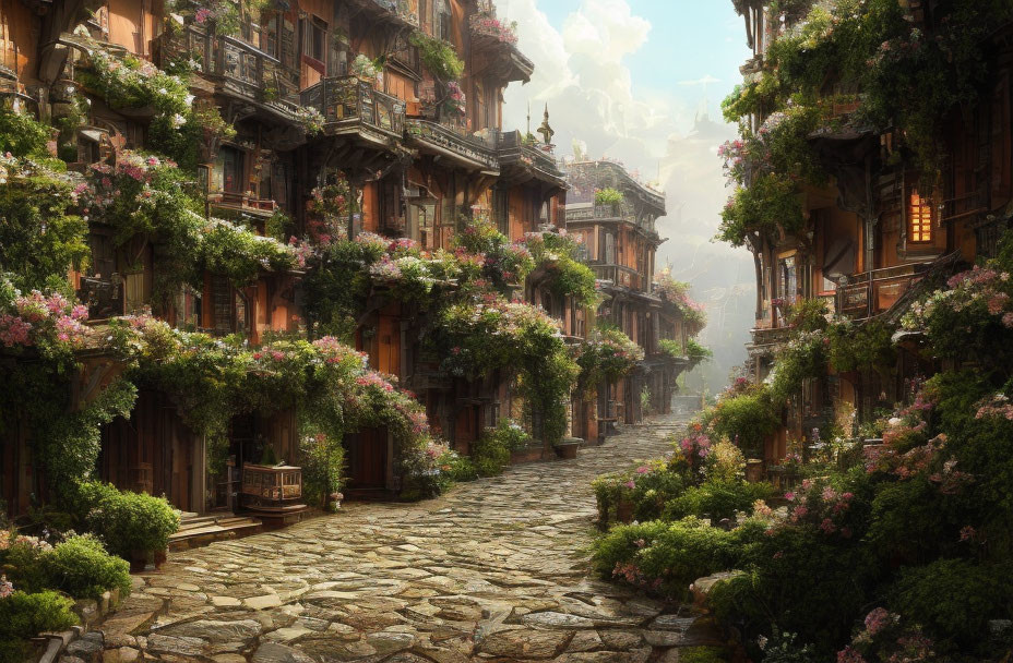 Tranquil cobblestone street with blooming vines and plants