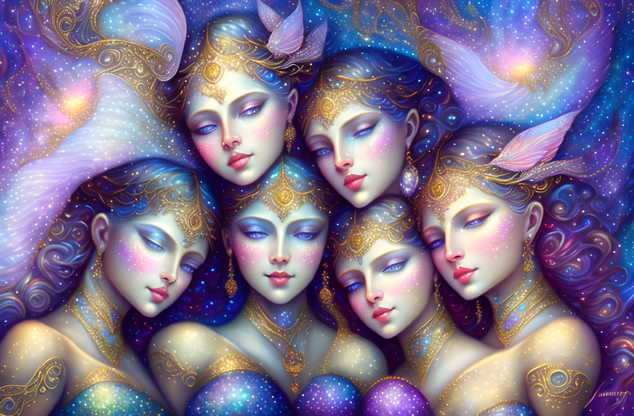 Ethereal women with gold headpieces and purple hair in digital painting