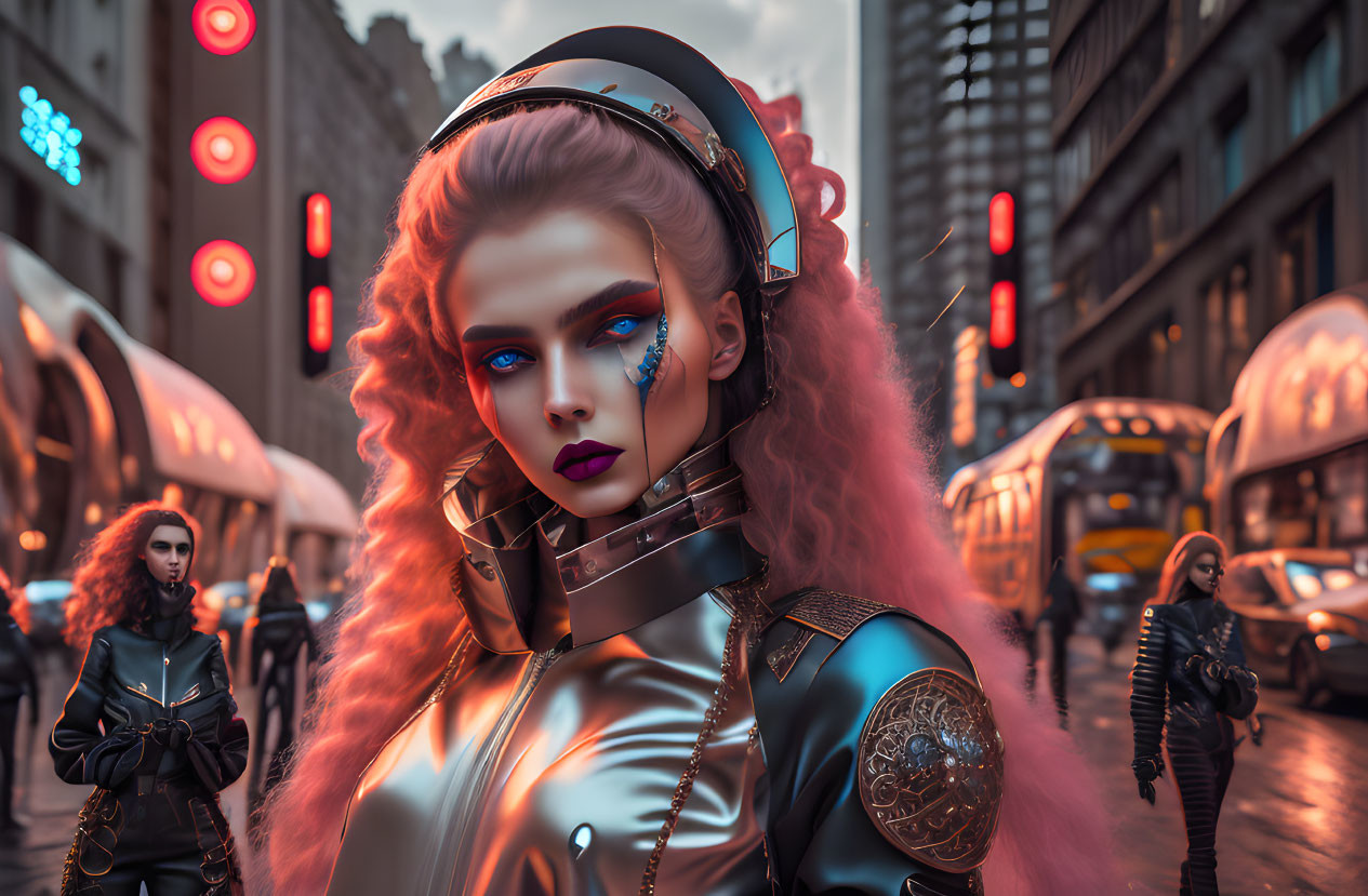 Futuristic female warrior with blue makeup in neon-lit city