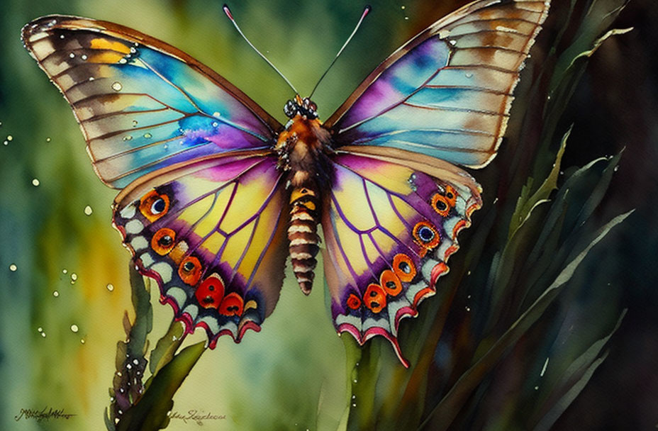 Colorful Butterfly Watercolor Painting with Detailed Wing Patterns and Misty Droplets