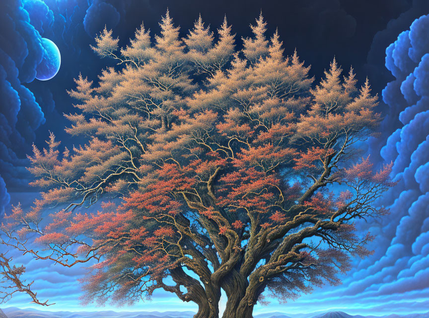 Majestic tree with orange foliage under surreal blue sky