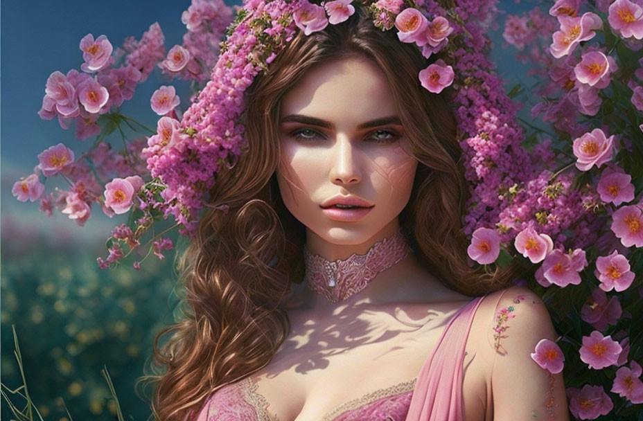 Woman in floral headdress surrounded by pink blooms in serene setting