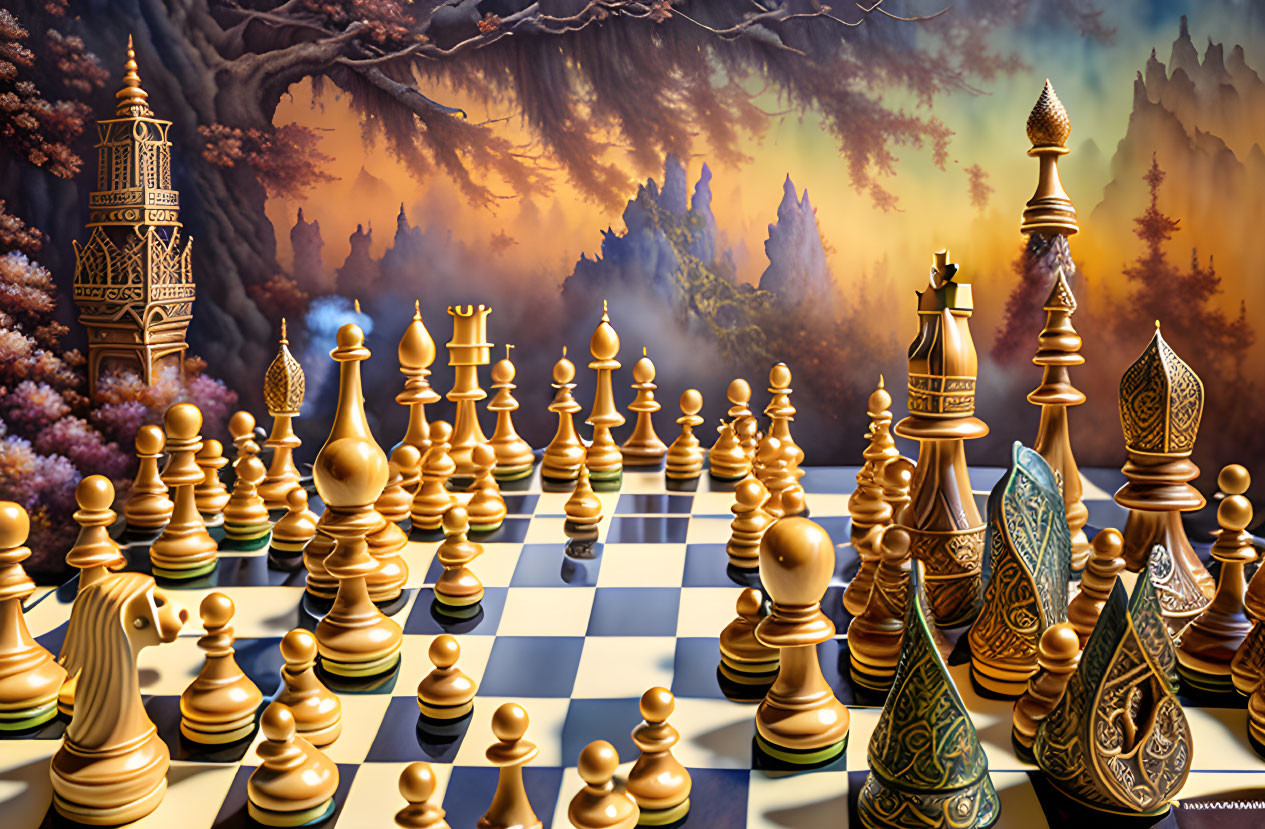 Golden-white and traditional chess pieces on ornate board in fantasy landscape