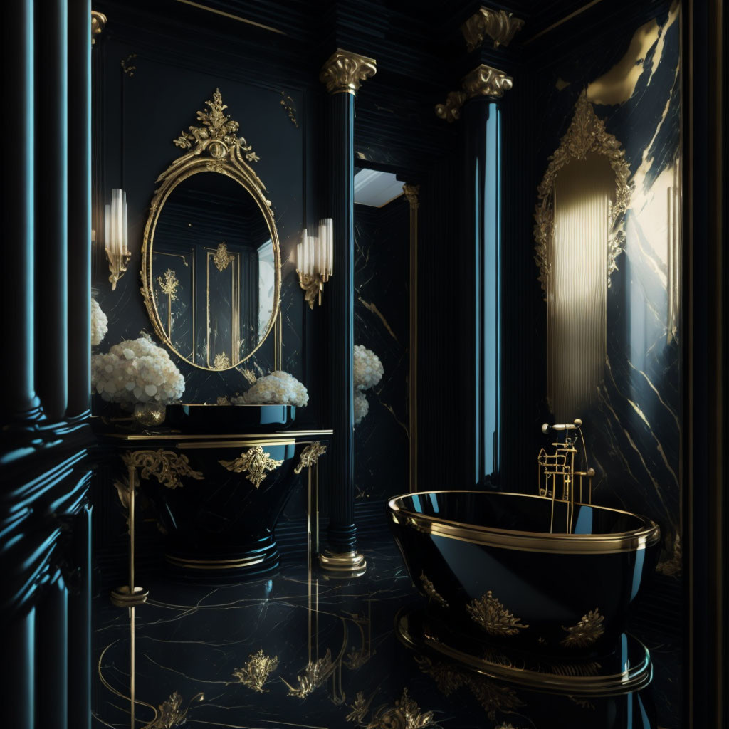 Luxurious Dark Bathroom with Gold Accents & Freestanding Bathtub