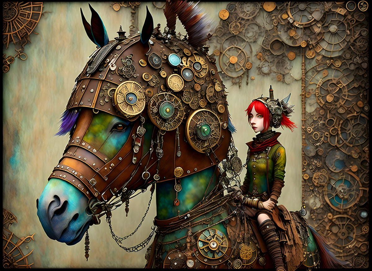 Steampunk woman on horse with cogwheel armor in mechanical gear setting