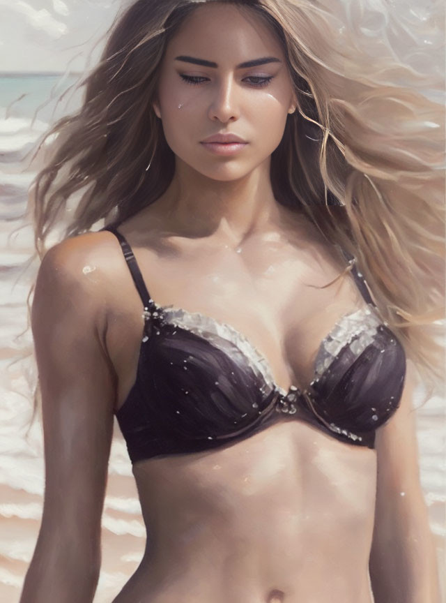 Blonde woman in black bikini by ocean