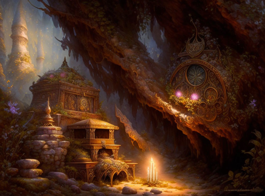 Mystical forest scene with glowing candles, clock, and stone structures