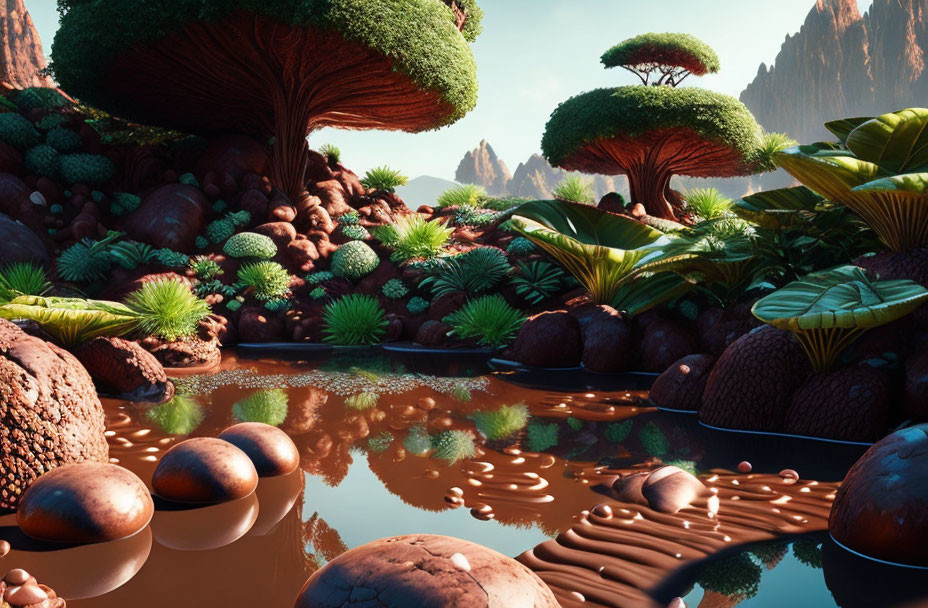 Fantastical oversized vegetation in serene digital landscape