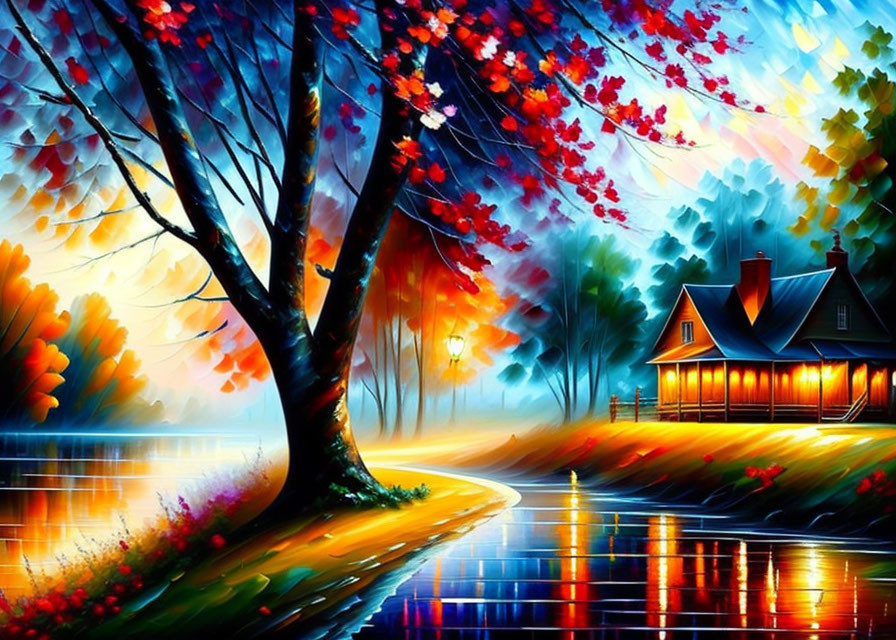 Colorful Autumn Forest Painting with Tree, Cottage, River, and Twilight Sky