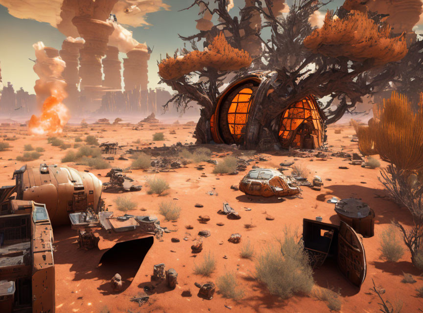 Futuristic desert landscape with crashed spaceship and exotic tree