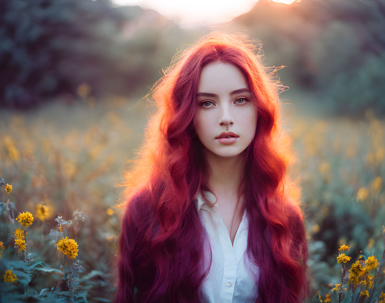 Red-haired woman in white blouse surrounded by yellow flowers at golden hour