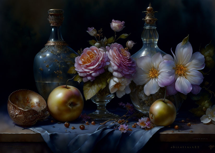 Classic Still-Life Painting with Flowers, Bottles, Bowl, and Apples