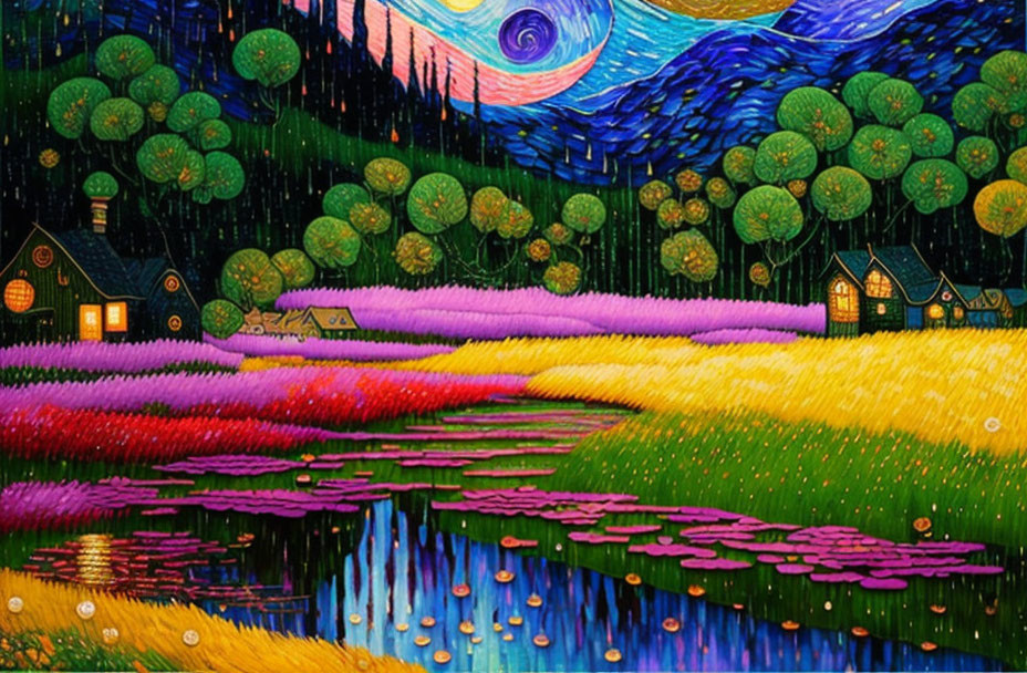 Colorful landscape painting: swirling sky, vibrant fields, reflective water, illuminated houses at night