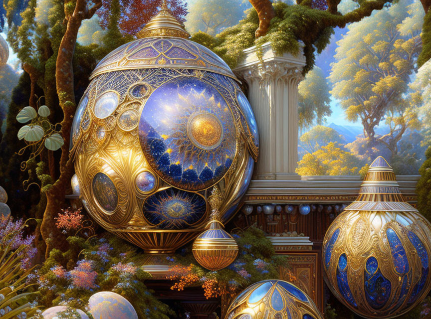 Ornate celestial spheres in fantasy landscape among ruins and lush forests