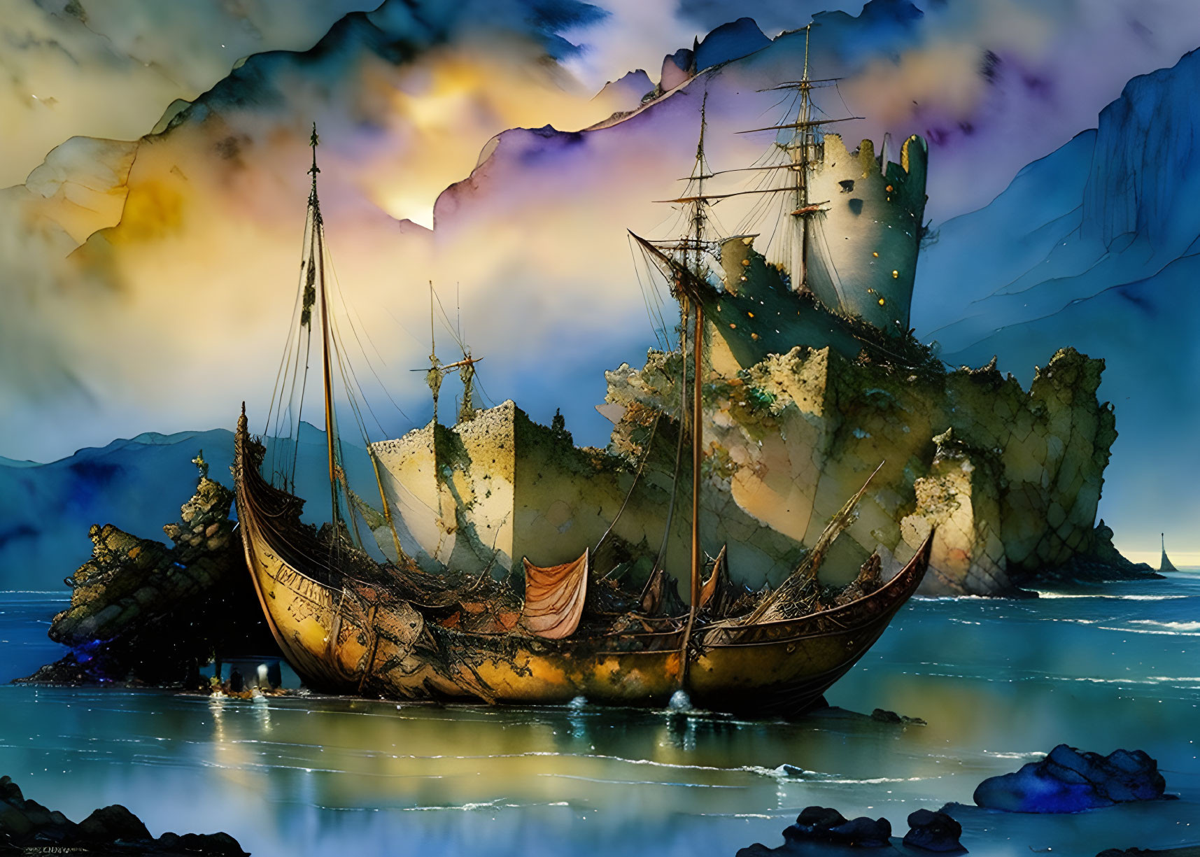 Fantasy sailboat art with ornate details on colorful misty background