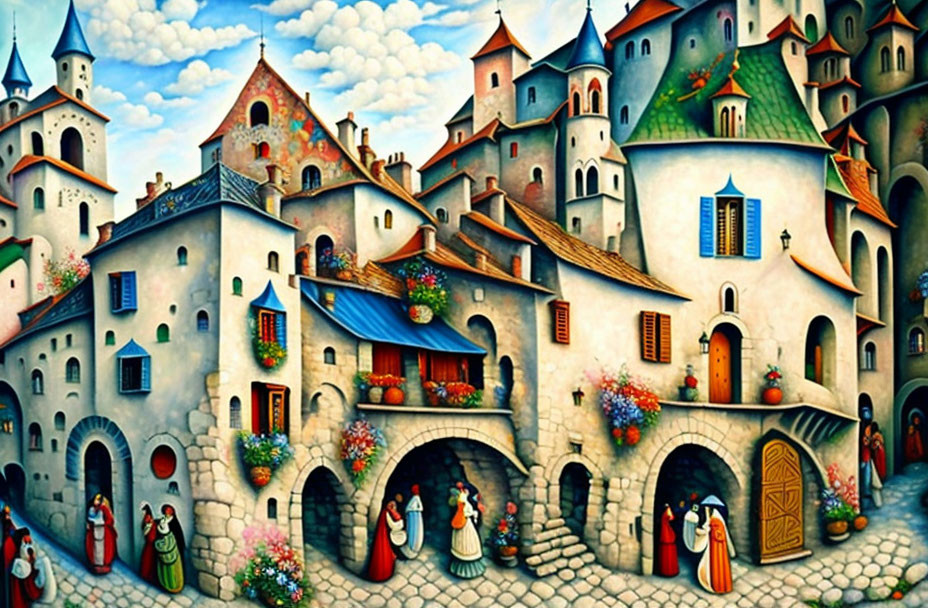 Colorful Medieval Village Painting with Stylized Buildings and Townsfolk