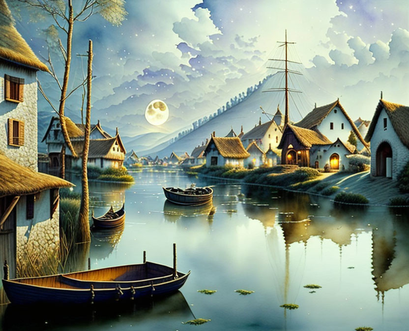 Moonlit Lakeside Village with Thatched Cottages and Calm Waters