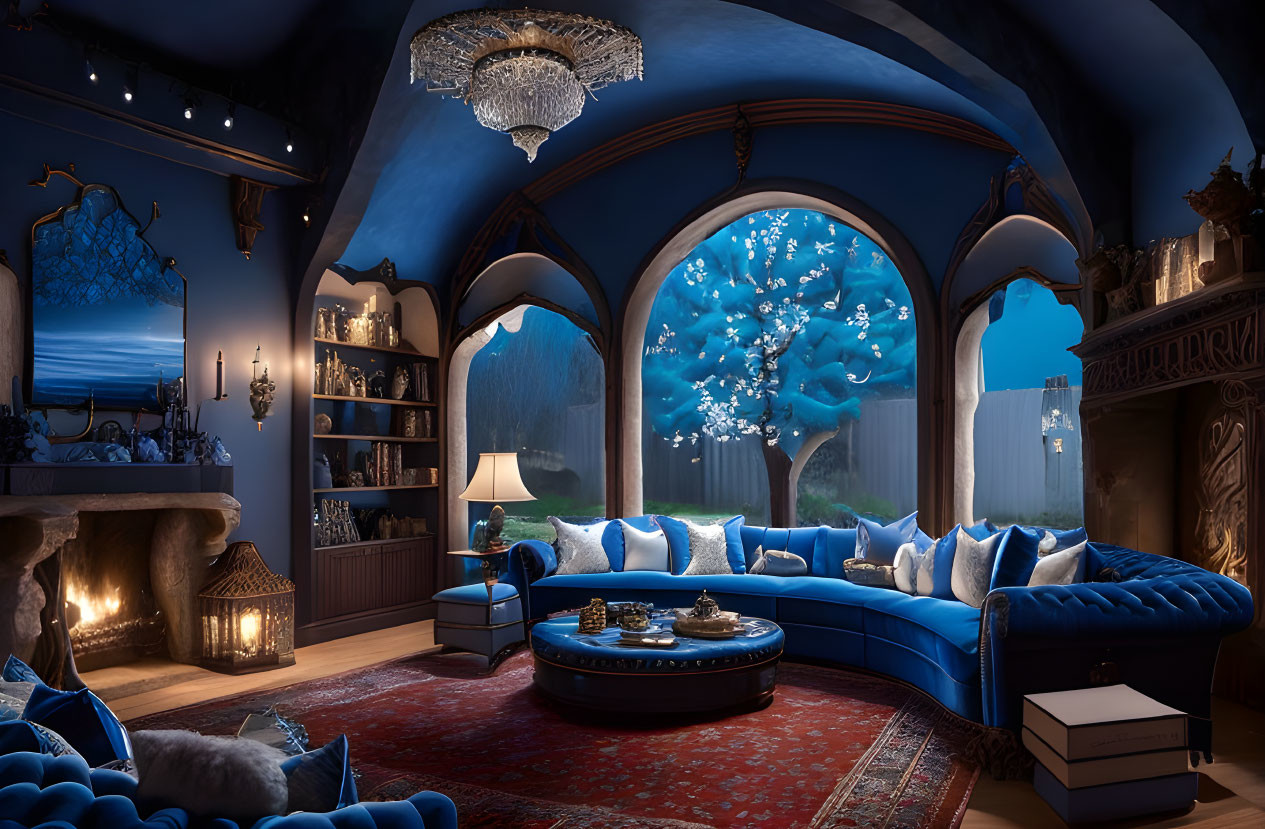 Elegant blue-themed living room with fireplace and glowing tree view