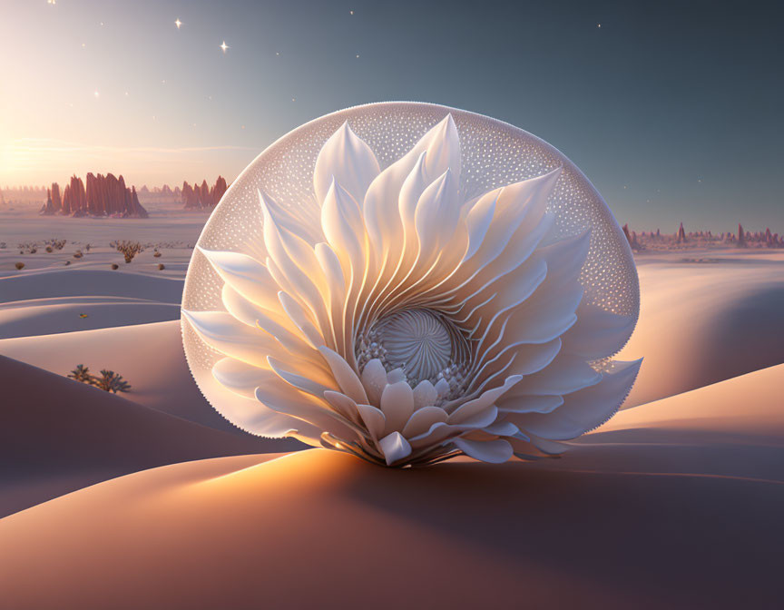 Surreal landscape with shell-like structure and sand dunes at twilight