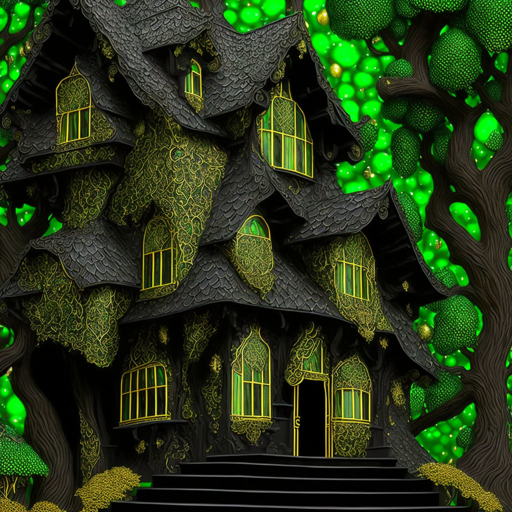 Fantastical treehouse with ornate patterns and glowing green accents