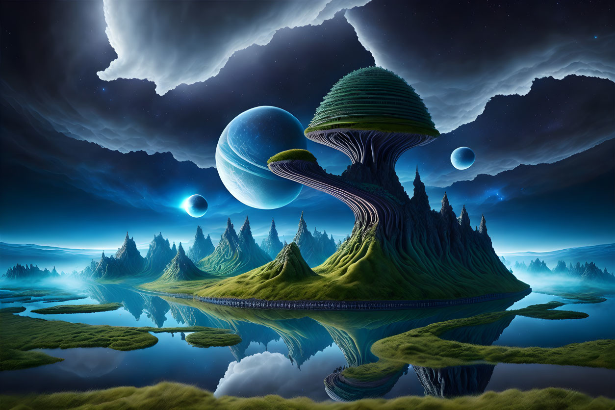 Surreal landscape with mushroom formations, planets, reflection, and starry night.