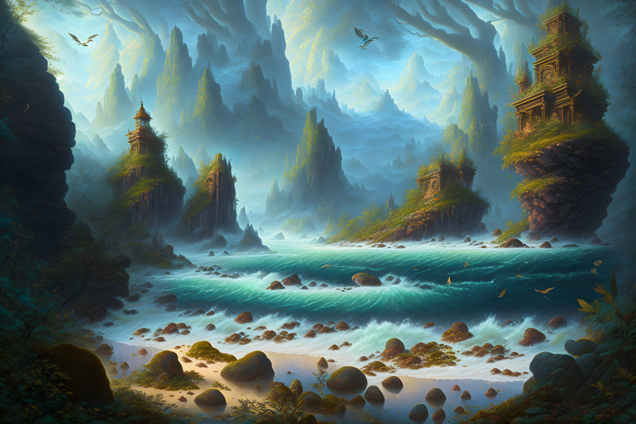 Mystical landscape with ancient towers, lush forest, river, and foggy mountains