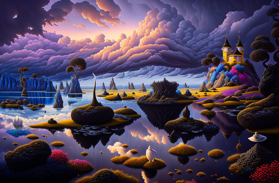 Fantastical landscape with vibrant flora, castle, and dramatic clouds