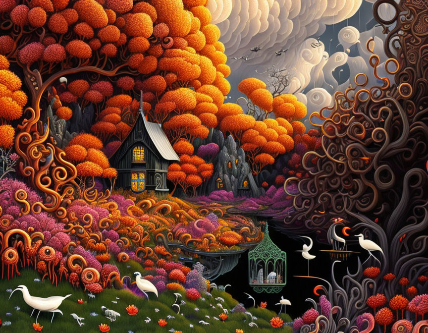 Vivid Autumn Landscape with Small House and White Birds