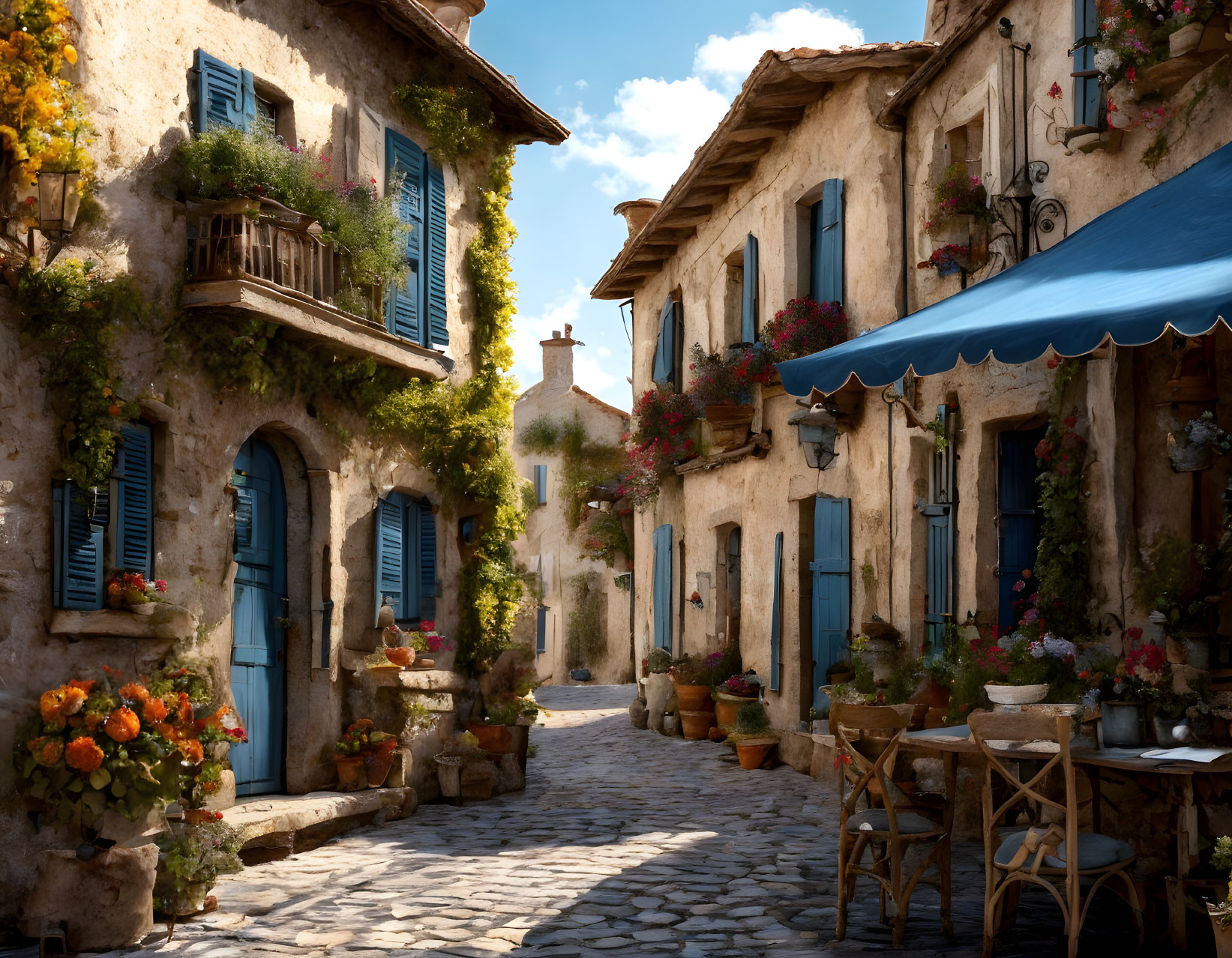 European Village Cobblestone Street with Colorful Houses and Flowers