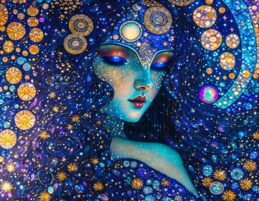 Vibrant cosmic-themed woman illustration in blue and gold hues