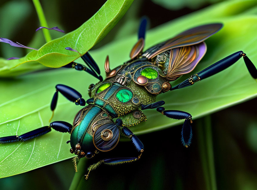 Detailed Illustration of Green and Bronze Mechanical Insect Resembling a Bee