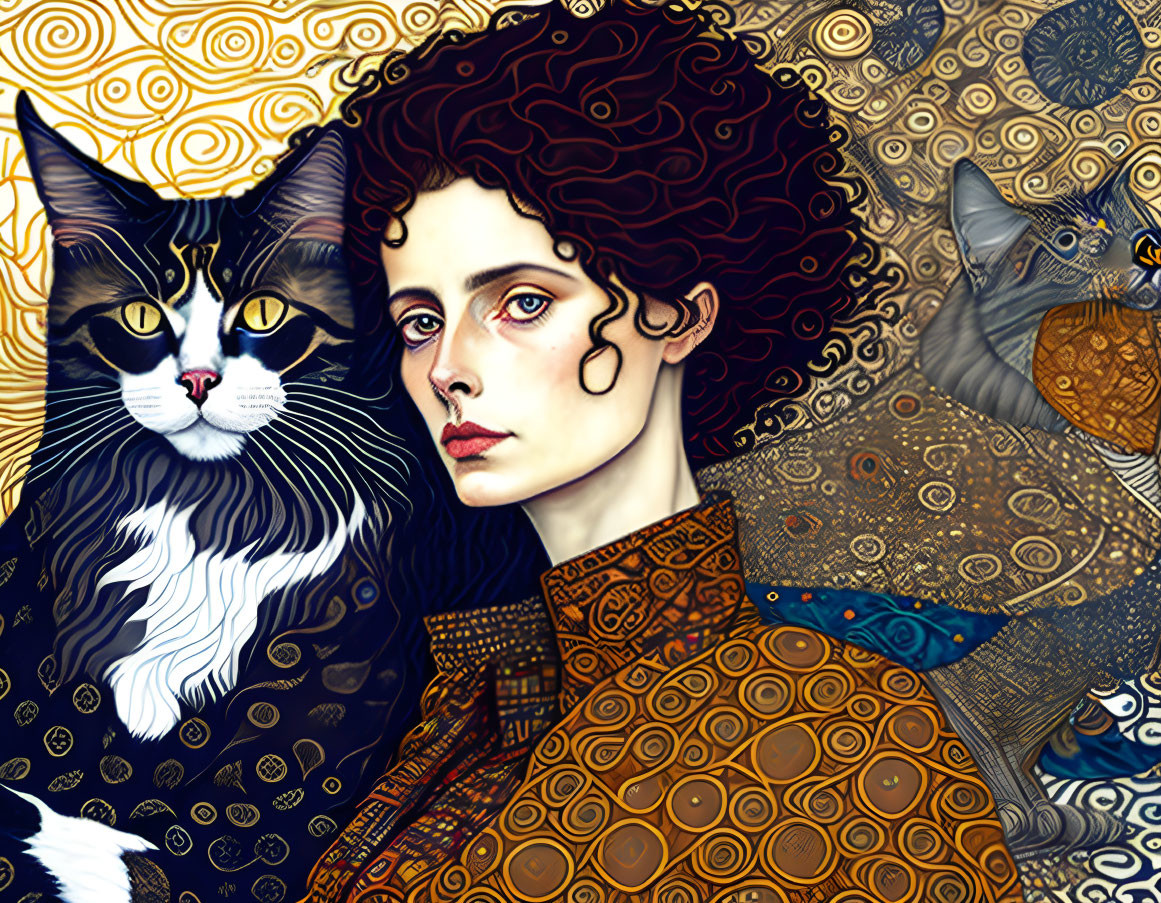 Curly Haired Woman with Thoughtful Eyes and Two Stylized Cats on Golden Background