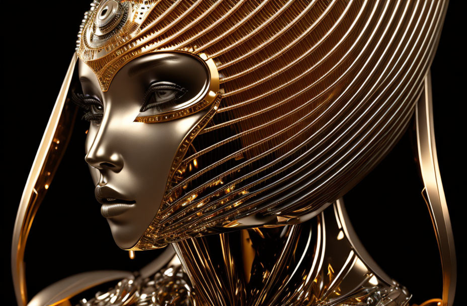 Futuristic golden robotic head with wire-like structures on dark background