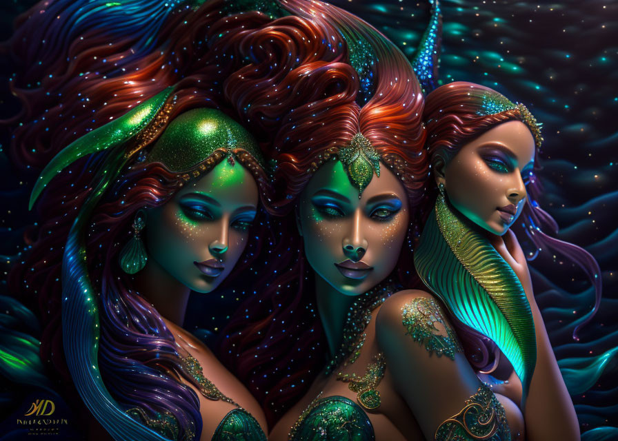 Vibrant female figures with multicolored hair and jewel-toned makeup on dark teal background