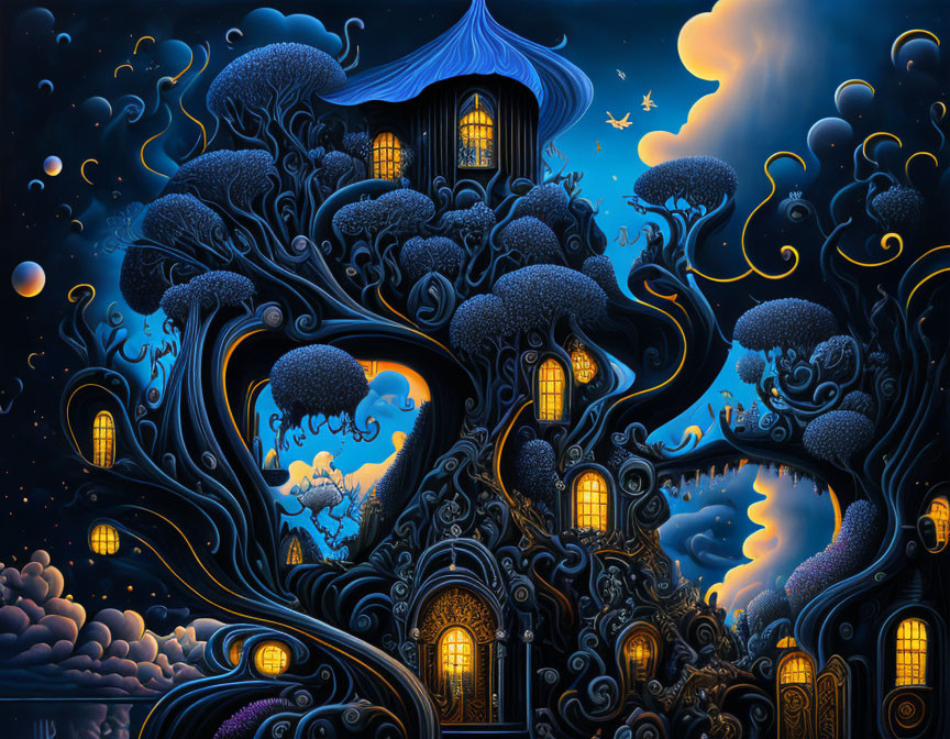 Stylized tree-house in whimsical night scene