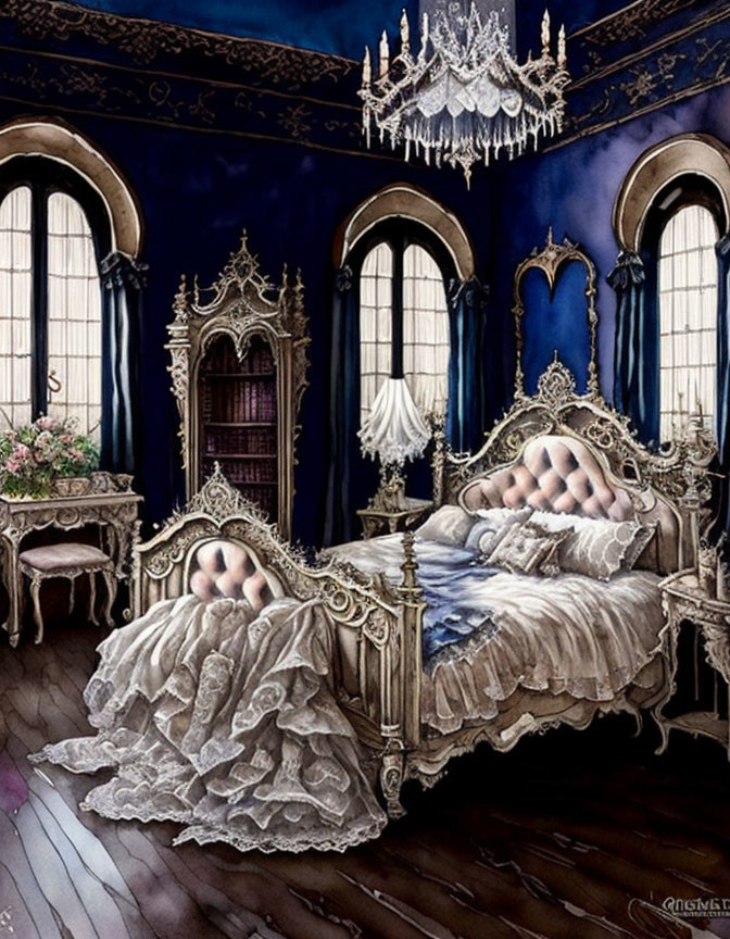 Luxurious Gothic Bedroom with Two Intricately-Designed Beds & Crystal Chandelier