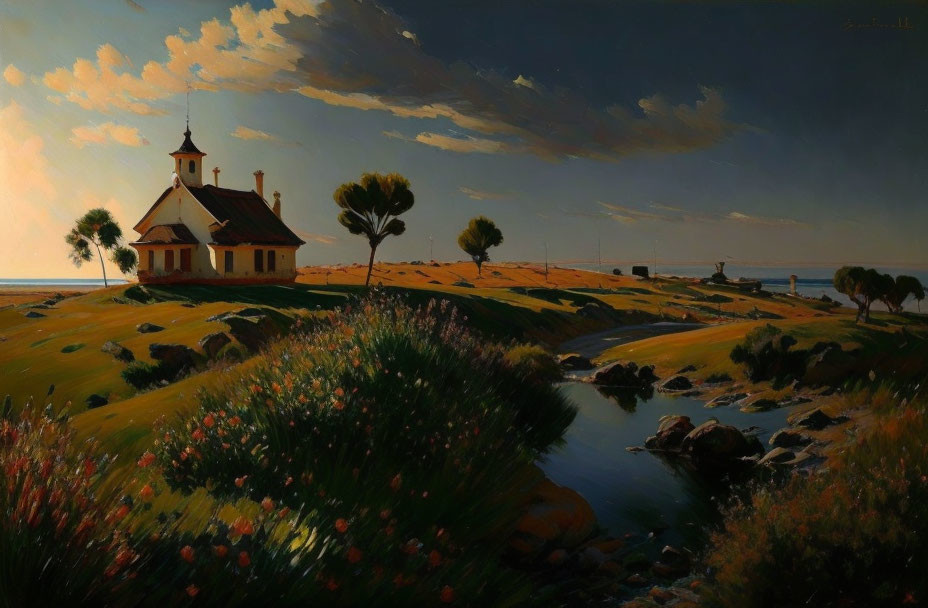 Coastal church painting with wildflowers, stream, and lighthouse