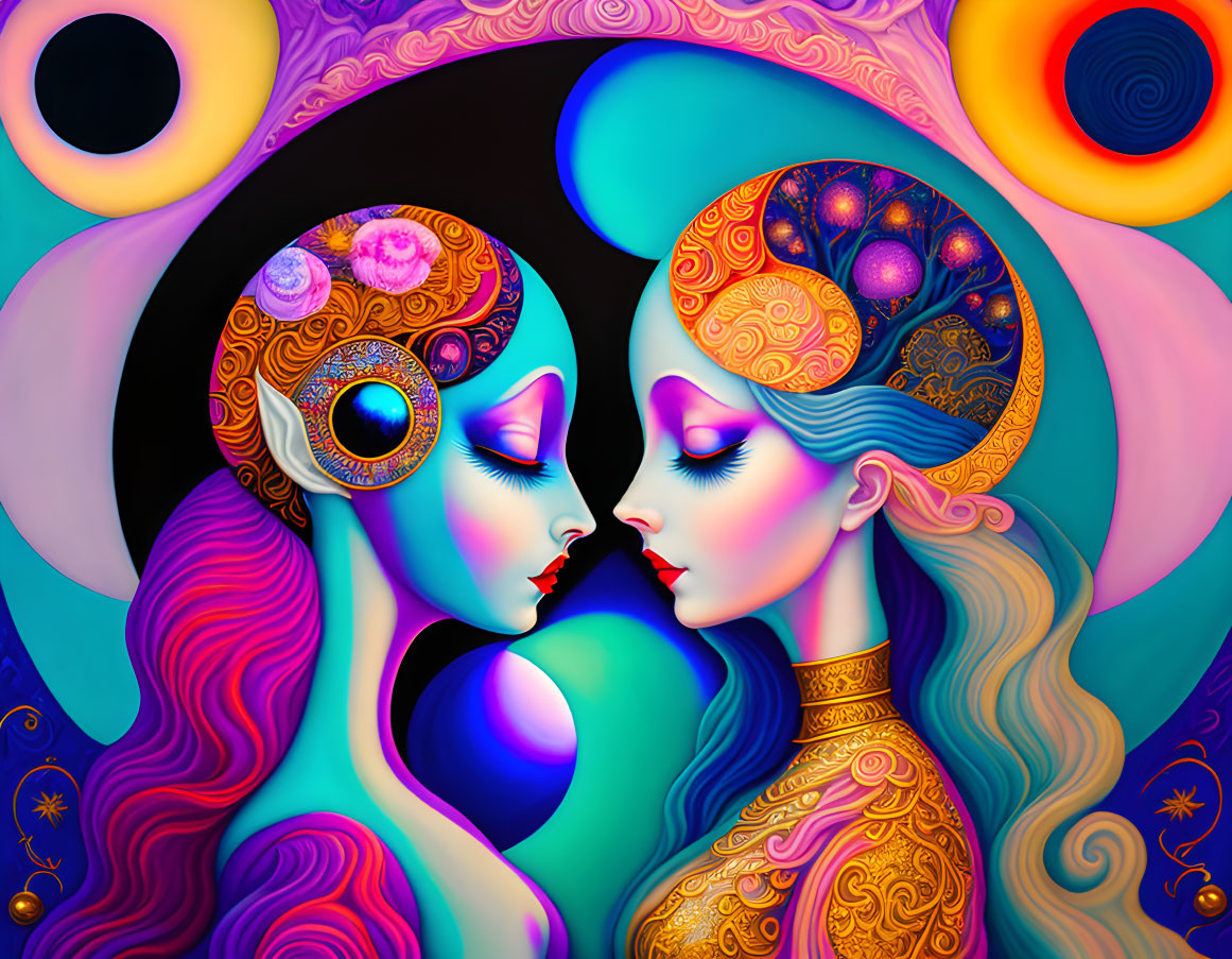 Stylized female figures with ornate headdresses in cosmic embrace