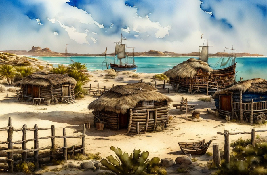 Tropical beach scene with thatched huts, wooden fence, boat, and sailing ships on turquoise