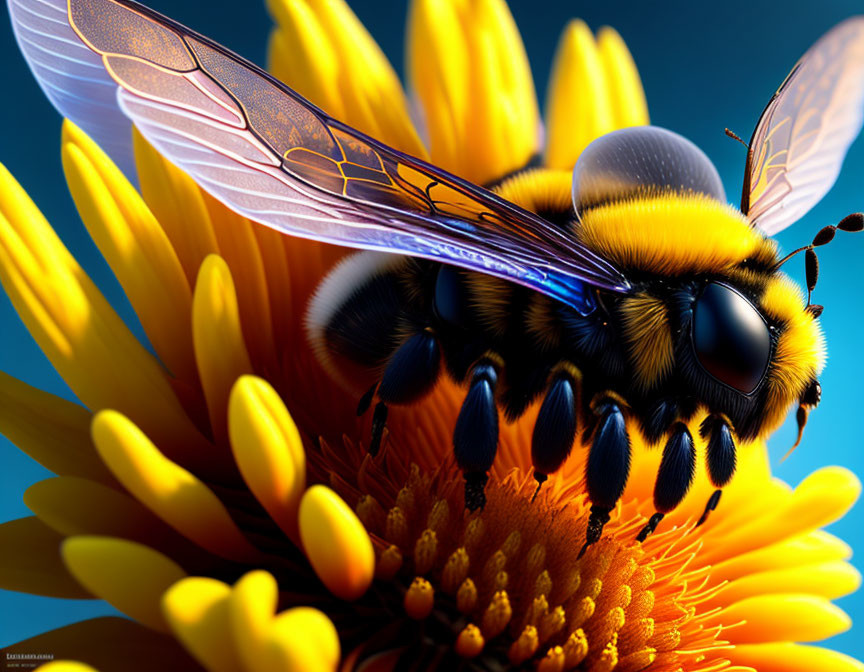 Digitally-rendered bee with iridescent wings on vibrant sunflower against blue background