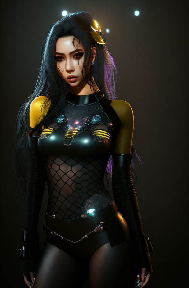 Futuristic digital artwork of woman in black and yellow attire