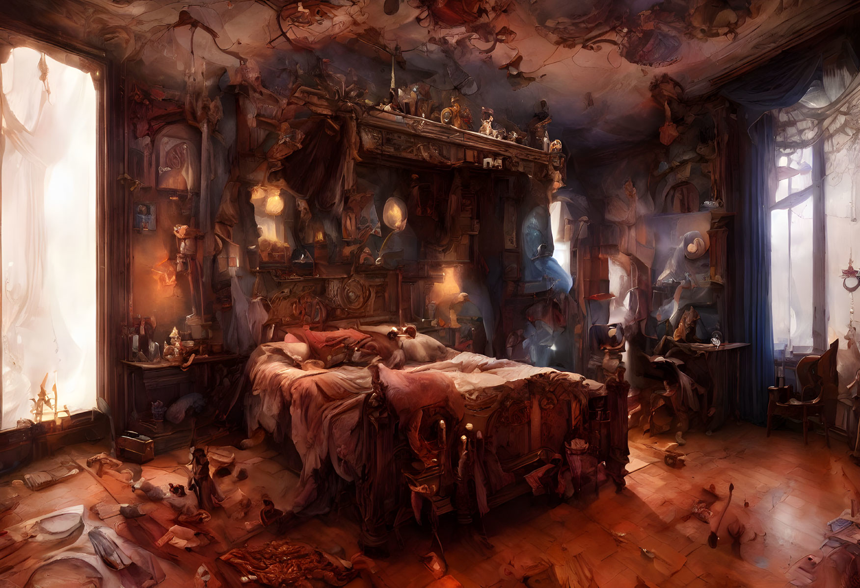 Opulent bedroom with grand bed, floating spirits, scattered books, and person at desk