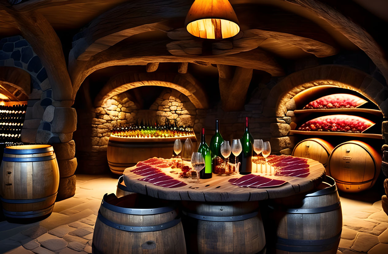 Wine Cellar with Arched Ceilings, Barrels, Table, and Shelves