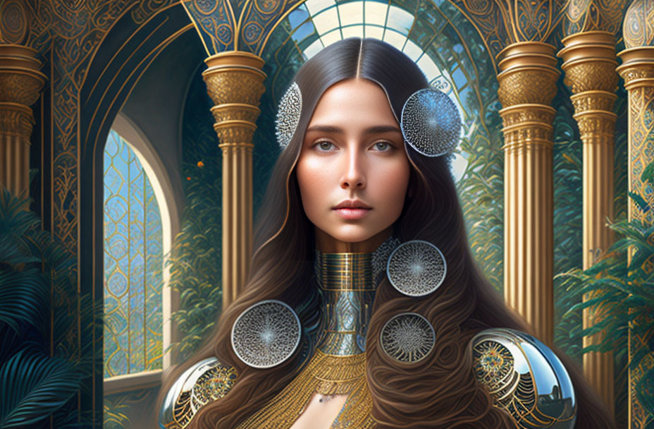 Regal woman adorned with metallic accessories in front of golden architecture and lush greenery.